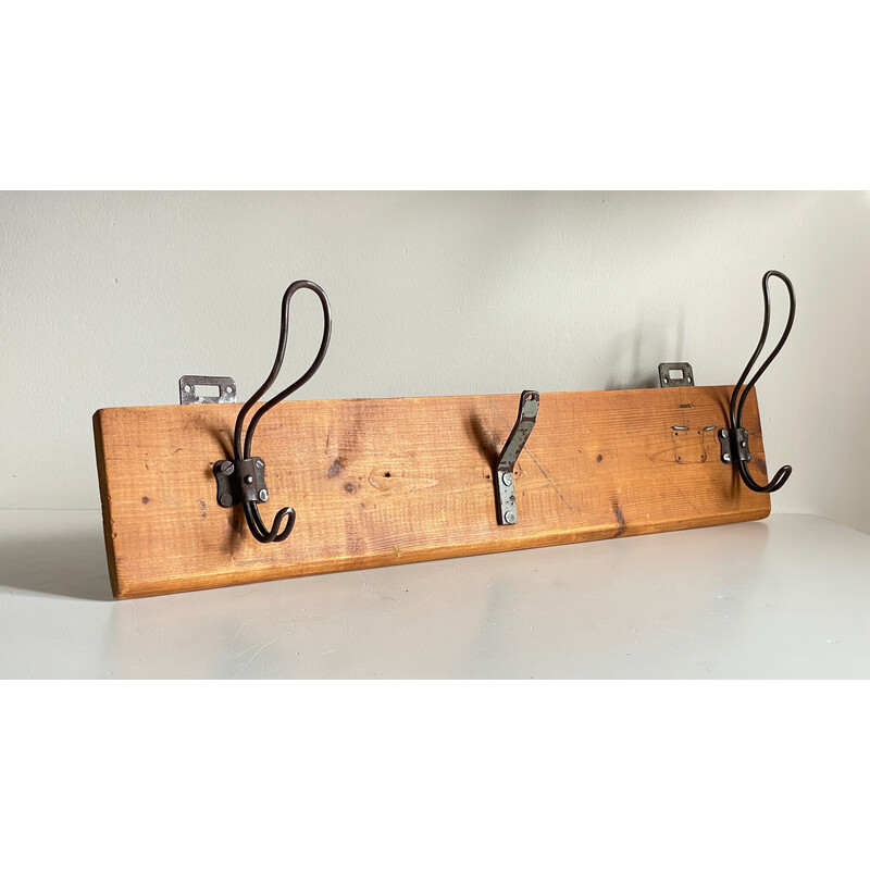 Vintage school coat rack in wood and steel with 3 hooks