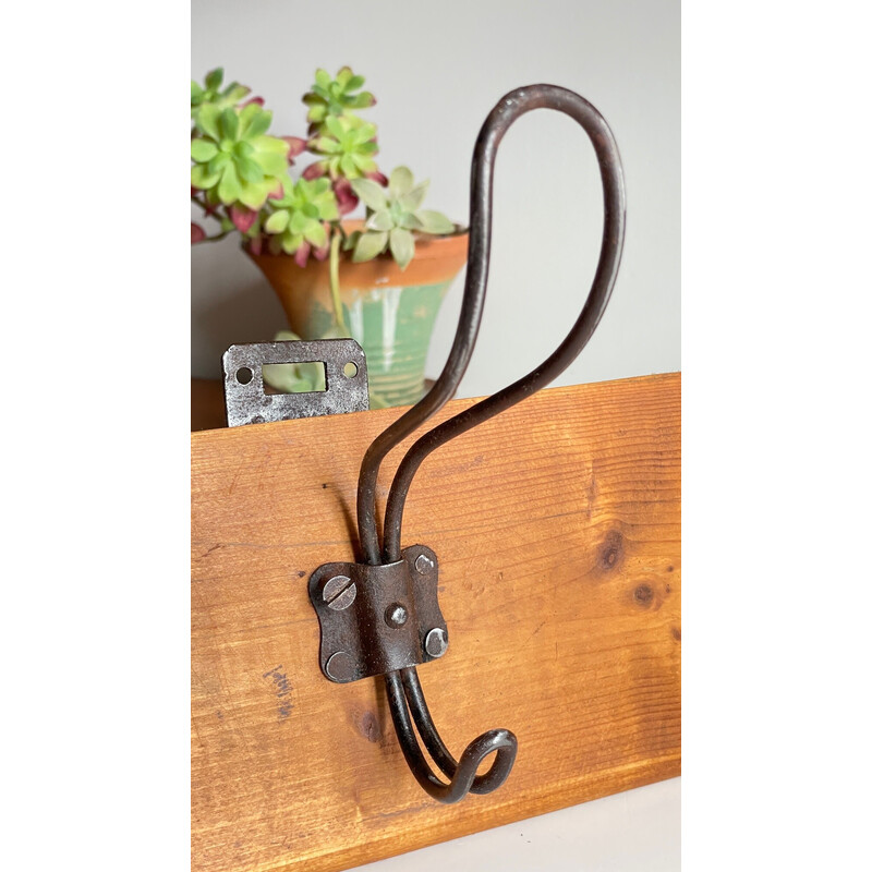 Vintage school coat rack in wood and steel with 3 hooks