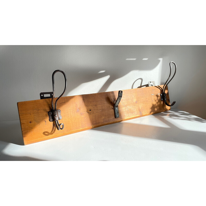Vintage-Schulgarderobe aus Holz und Stahl mit 3 Haken