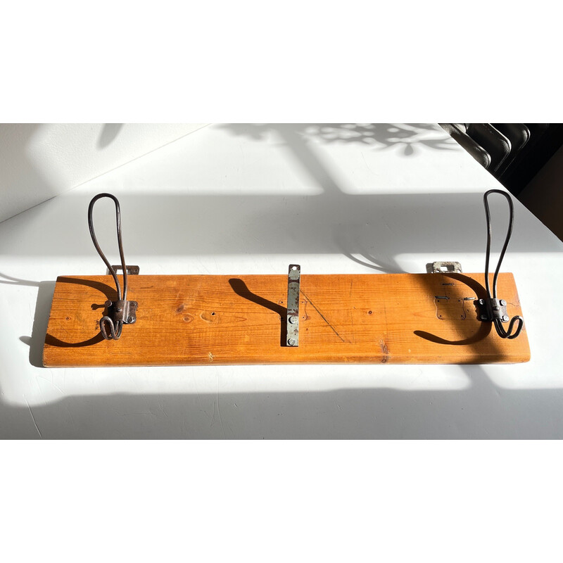 Vintage school coat rack in wood and steel with 3 hooks