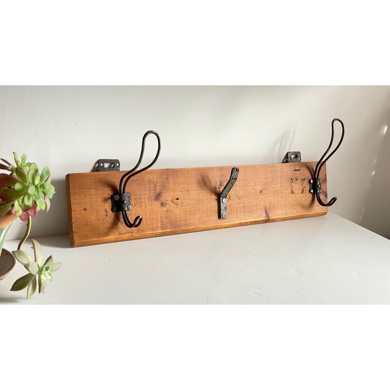 Vintage school coat rack in wood and steel with 3 hooks