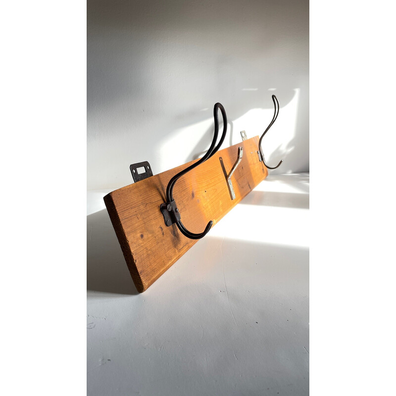 Vintage school coat rack in wood and steel with 3 hooks