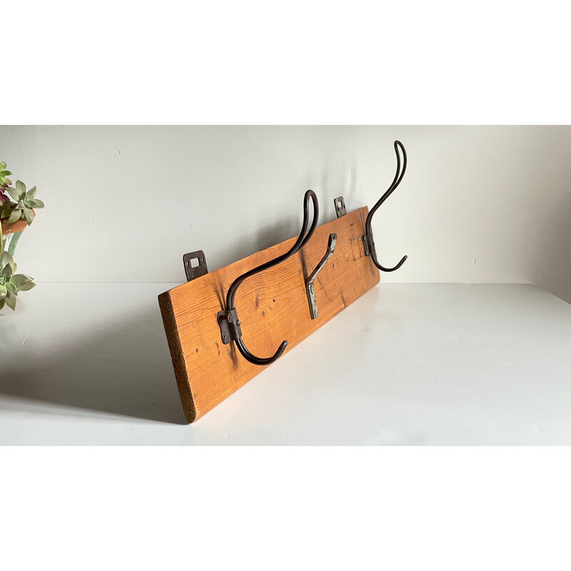 Vintage school coat rack in wood and steel with 3 hooks