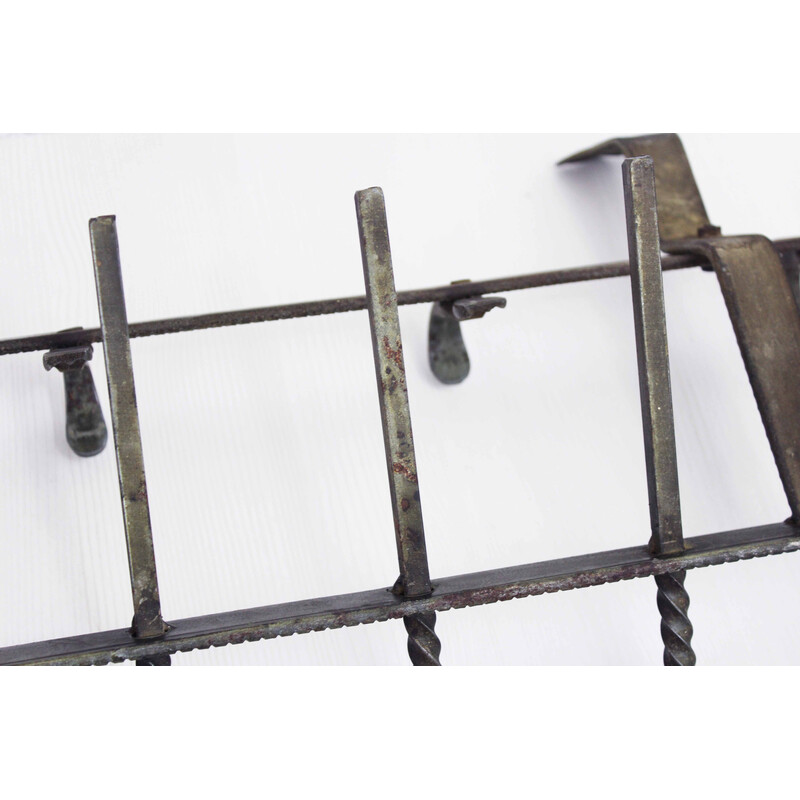 Vintage Art Deco wrought iron wall coat rack with 6 hooks, 1960