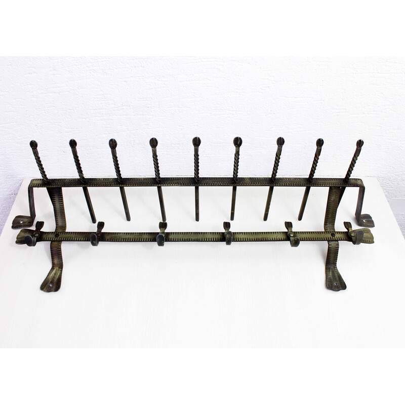 Vintage Art Deco wrought iron wall coat rack with 6 hooks, 1960