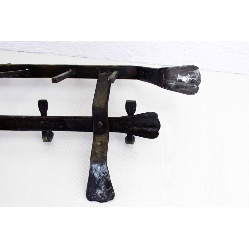 Vintage Art Deco wrought iron wall coat rack with 6 hooks, 1960