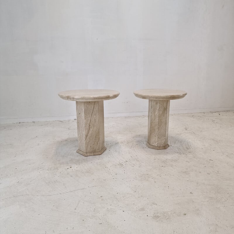 Pair of vintage travertine pedestal tables, Italy 1980
