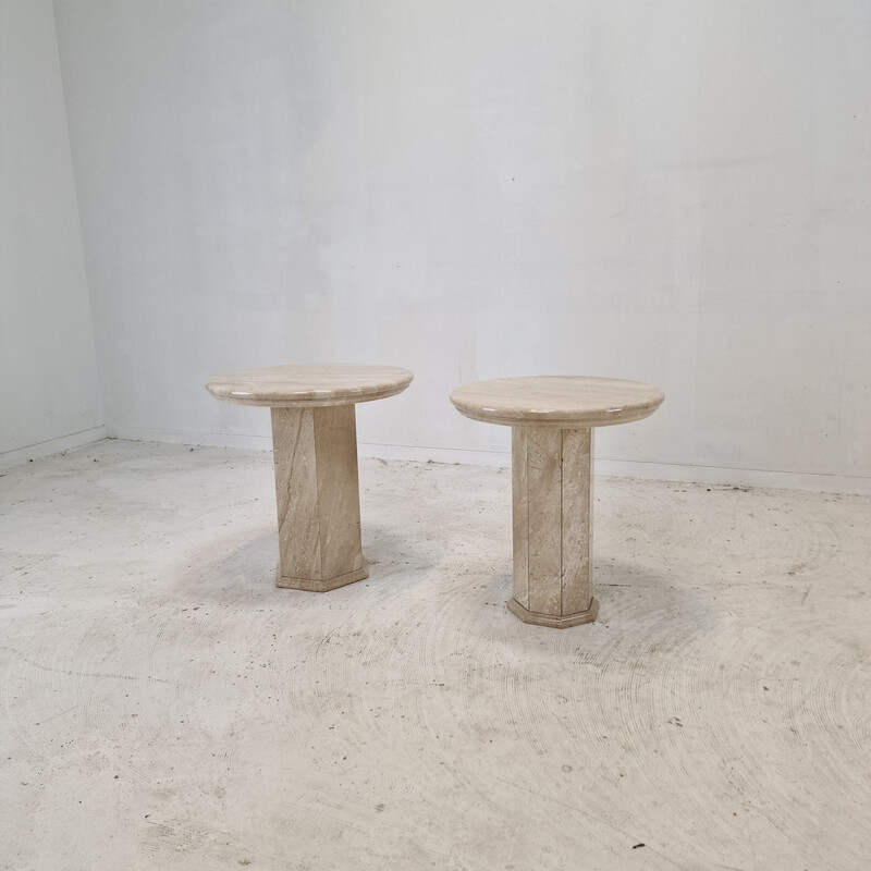 Pair of vintage travertine pedestal tables, Italy 1980