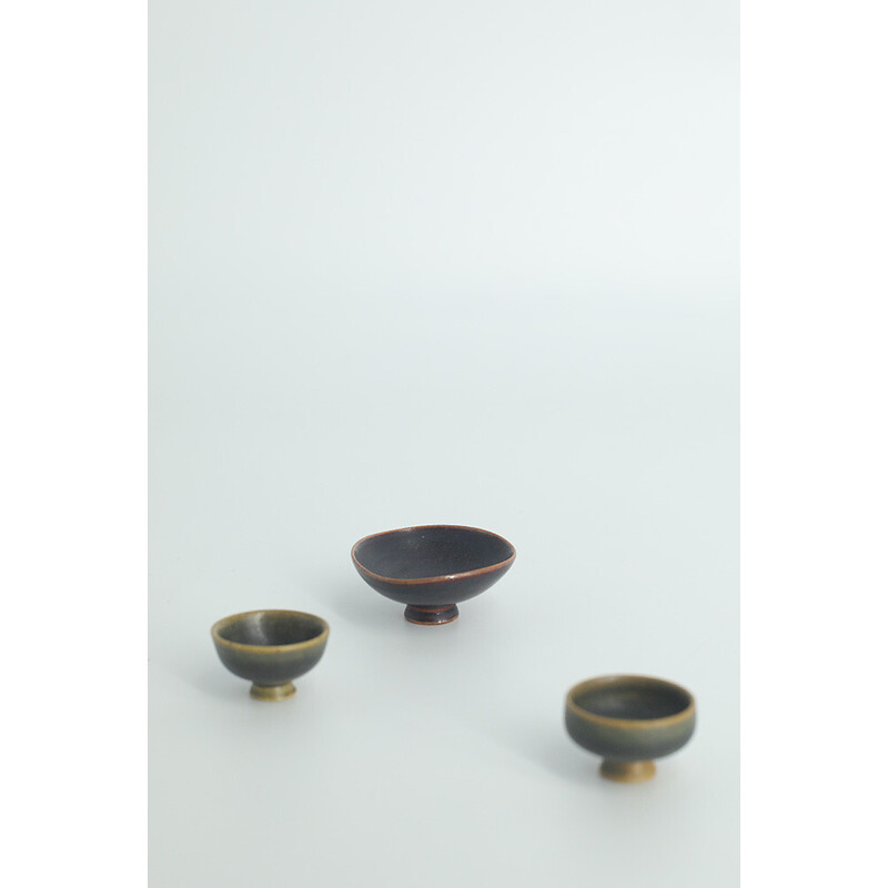 Set of 3 vintage collectible brown stoneware bowls by John Andersson for Höganäs Ceramics, Sweden 1950
