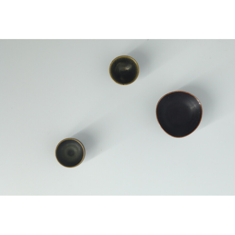 Conjunto de 3 taças de grés castanho coleccionáveis vintage de John Andersson para a Höganäs Ceramics, Suécia 1950