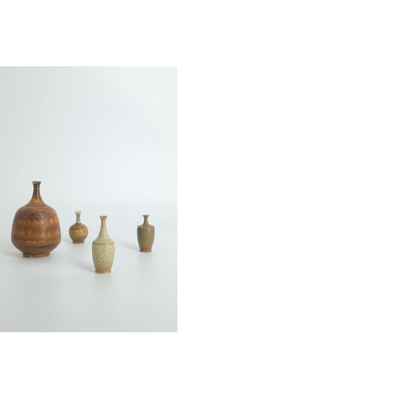 Set of 4 vintage brown stoneware collectible vases by Gunnar Borg for Höganäs Ceramics, Sweden 1960
