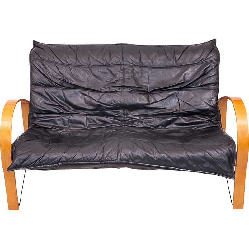 Polhem" sofá vintage de 2 lugares em madeira de faia e pele preta de Tord Bjorklund para a Ikea, 1980