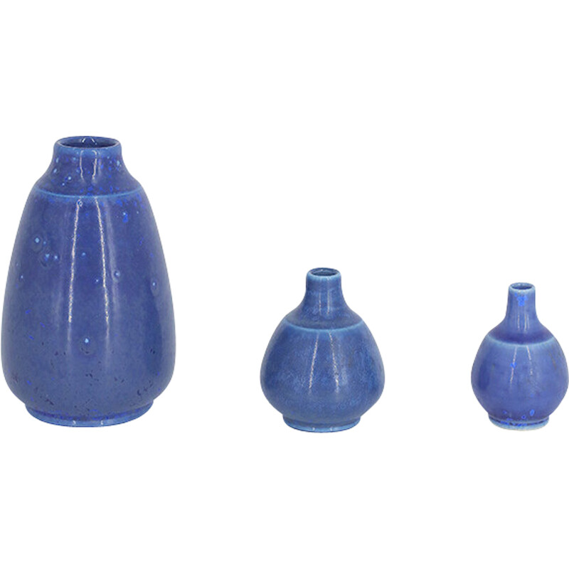 Set of 3 vintage blue stoneware vases by Gunnar Borg for Gunnars Keramik Höganäs, Sweden 1960