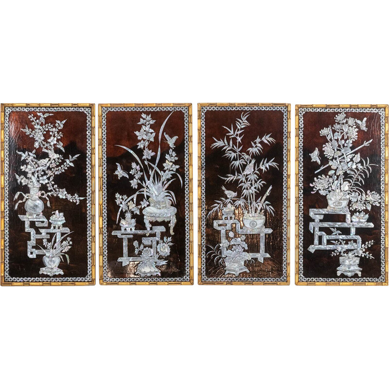 Set of 4 vintage decorative lacquer panels, France 1950