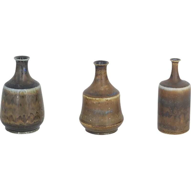 Lot de 3 vases vintage en grès marron terreux par Gunnar Borg pour Höganäs Ceramics, Suède 1960