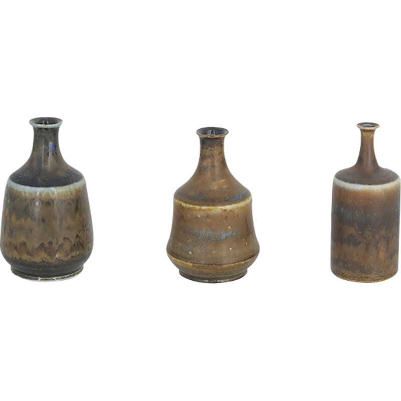 Set of 3 vintage earthy brown stoneware vases by Gunnar Borg for Höganäs Ceramics, Sweden 1960