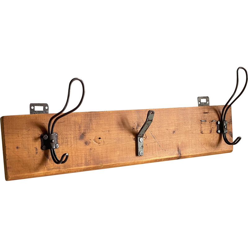 Vintage school coat rack in wood and steel with 3 hooks