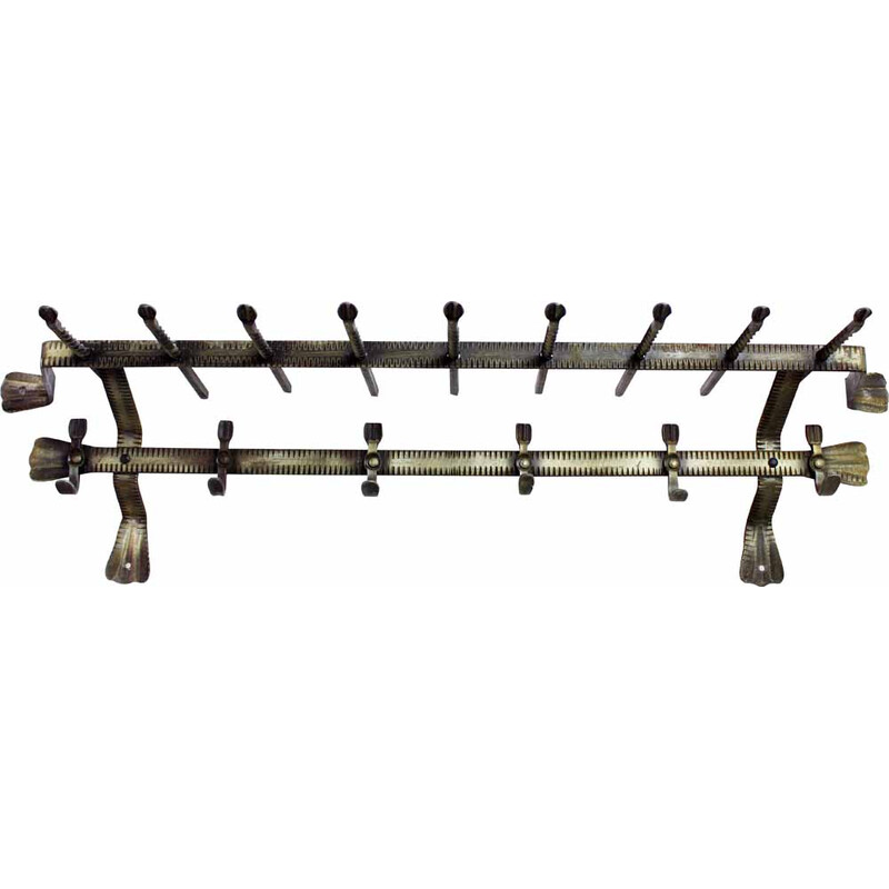 Vintage Art Deco wrought iron wall coat rack with 6 hooks, 1960