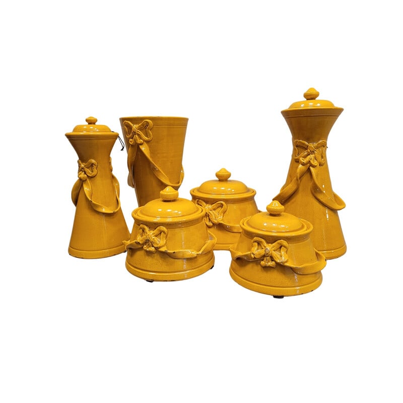 Set of 6 vintage yellow ceramic vases, France