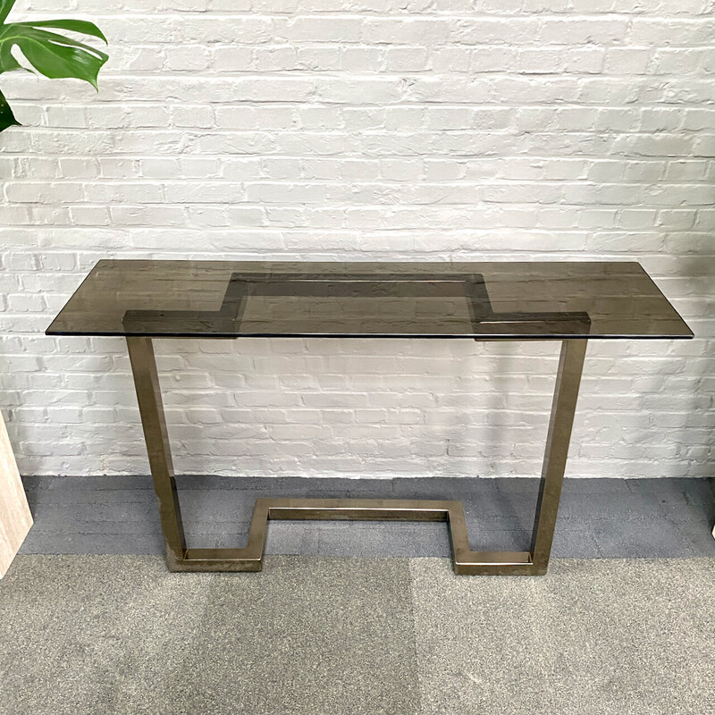 Vintage console table in smoked glass and chrome metal for Belgo Chrom, 1980