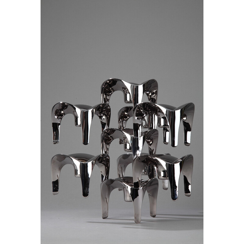 Set of 9 chromed metal modular candleholders, Nagel, Germany - 1970s