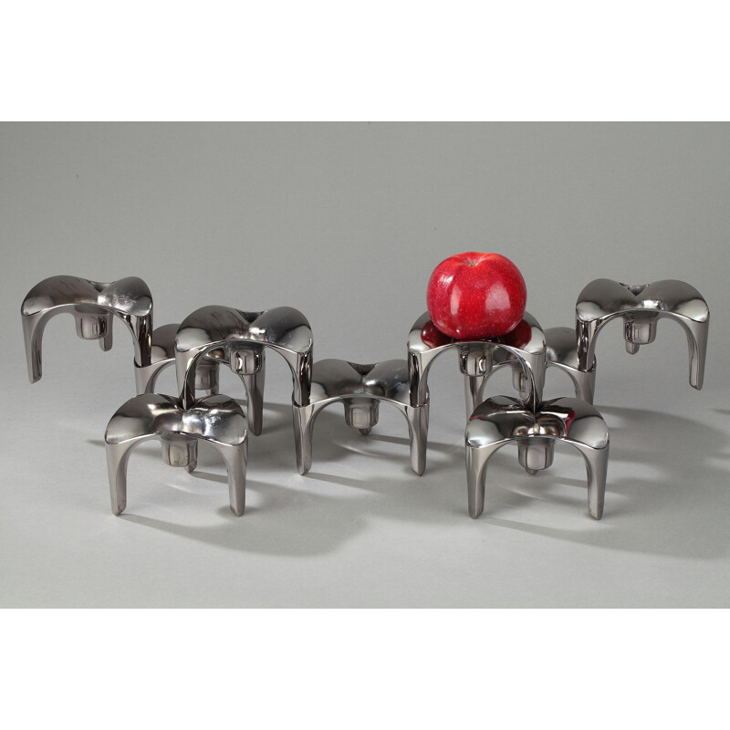 Set of 9 chromed metal modular candleholders, Nagel, Germany - 1970s