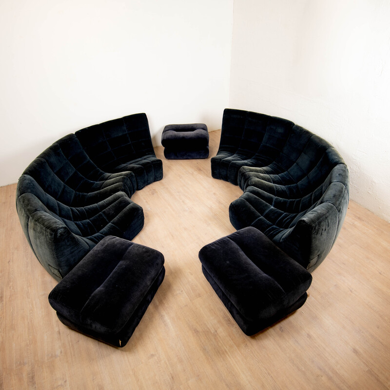 Vintage "Gilda" living room set in midnight blue velvet by Michel Ducaroy for Ligne Roset, France 1973