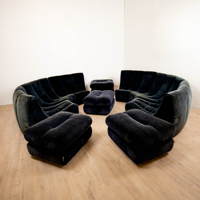 Vintage "Gilda" living room set in midnight blue velvet by Michel Ducaroy for Ligne Roset, France 1973