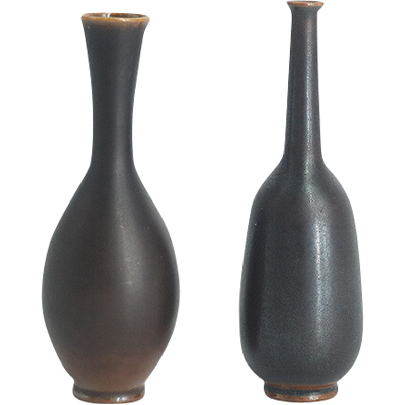 Pair of vintage collectible Wenge stoneware vases by John Andersson for Höganäs Ceramics, Sweden 1950