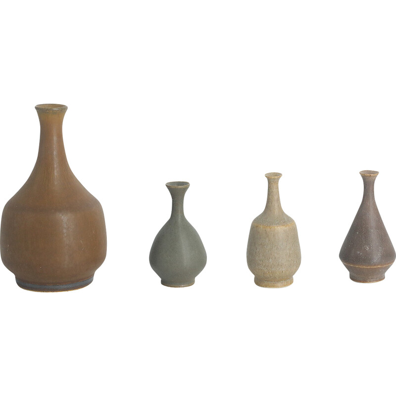 Set of 4 vintage brown stoneware collectible vases by Gunnar Borg for Höganäs Ceramics, Sweden 1960