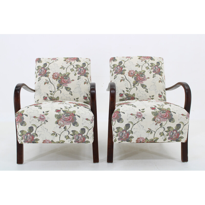 Pair of vintage armchairs in stained beech wood, Czechoslovakia 1960