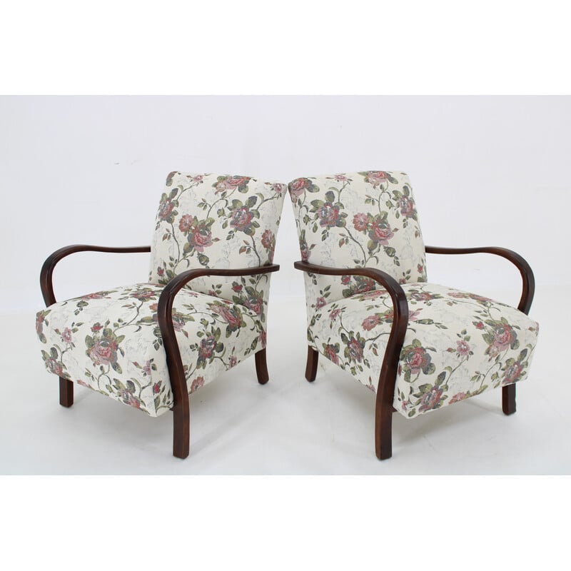 Pair of vintage armchairs in stained beech wood, Czechoslovakia 1960