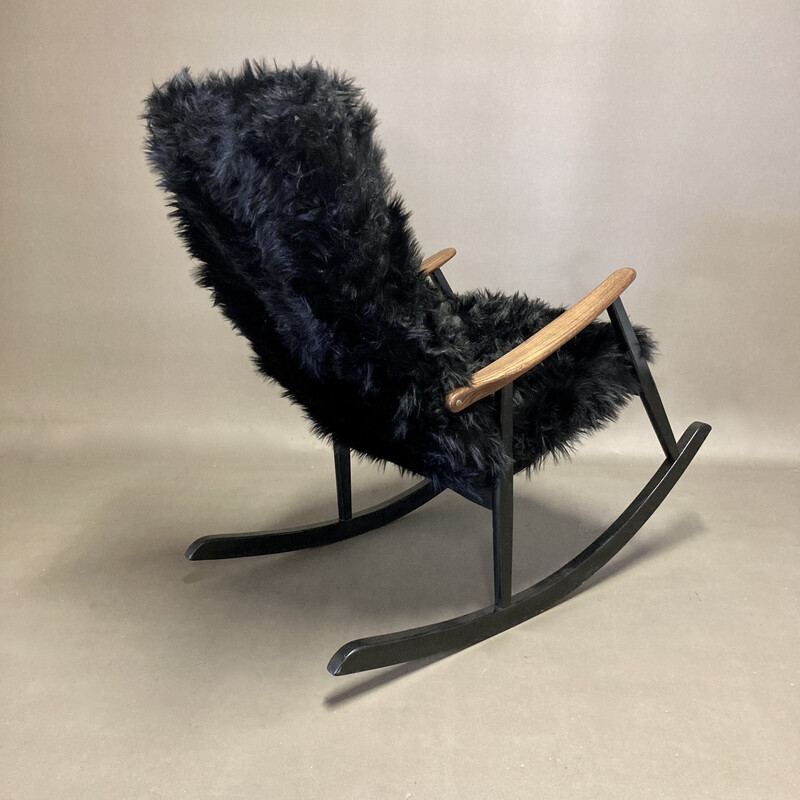 Vintage schommelstoel van teakhout en fluweel, 1950