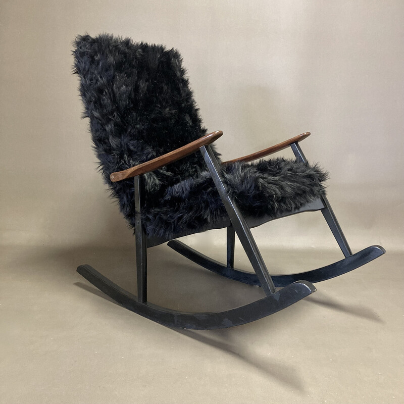 Vintage teak and velvet rocking chair, 1950