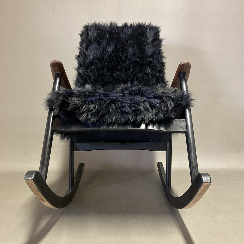 Vintage teak and velvet rocking chair, 1950