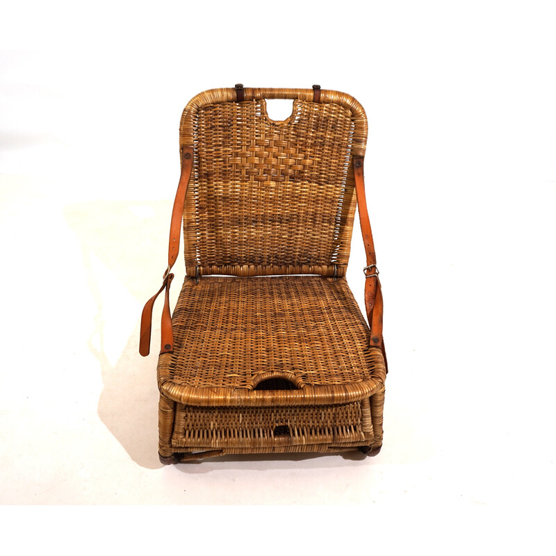 Vintage rattan and brown leather beach chair, England 1940