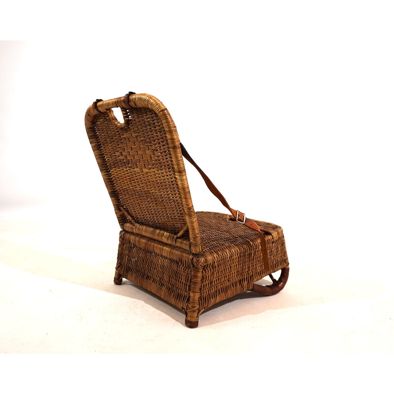 Vintage rattan and brown leather beach chair, England 1940