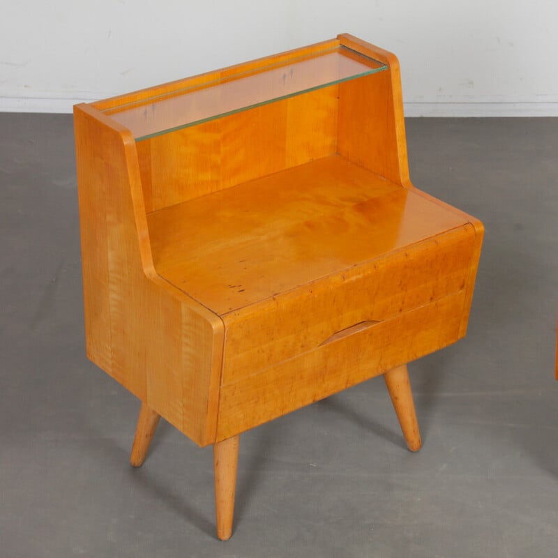 Pair of vintage bedside tables in wood and glass, 1960