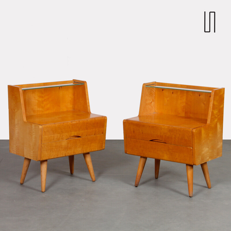 Pair of vintage bedside tables in wood and glass, 1960