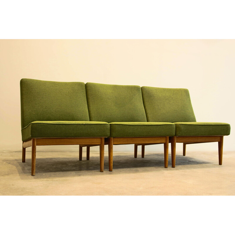 Banquette vintage verte et bois blond - 1960