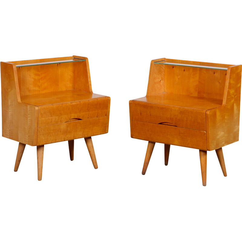 Pair of vintage bedside tables in wood and glass, 1960