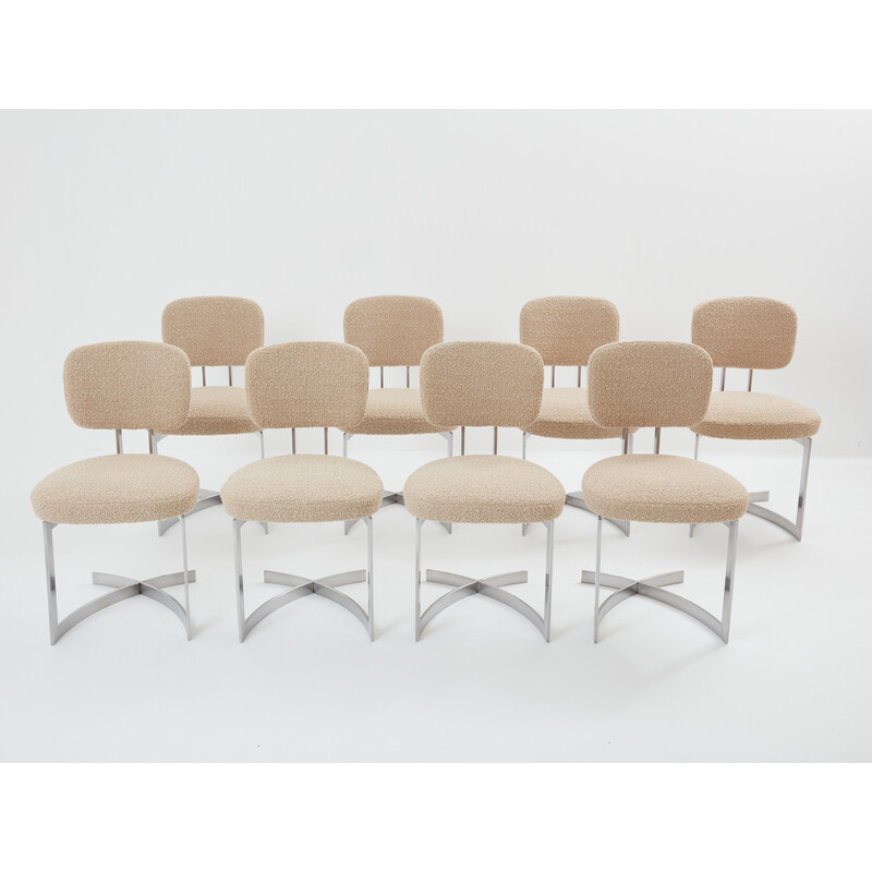 Lot de 8 chaises vintage en acier inox et laine bouclée par Paul Legeard, 1970