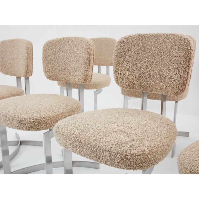 Conjunto de 8 cadeiras vintage em aço inoxidável e lã encaracolada de Paul Legeard, 1970
