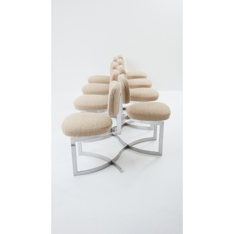 Set di 8 sedie vintage in acciaio inossidabile e lana arricciata di Paul Legeard, 1970