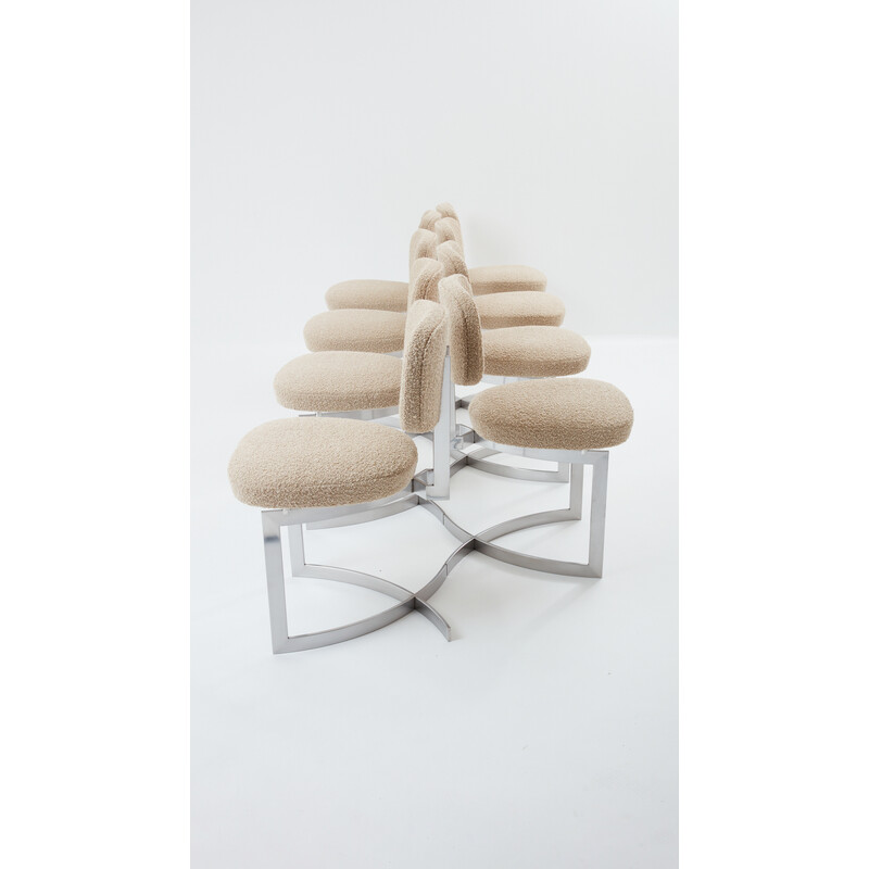 Set of 8 vintage chairs in stainless steel and curly wool by Paul Legeard, 1970