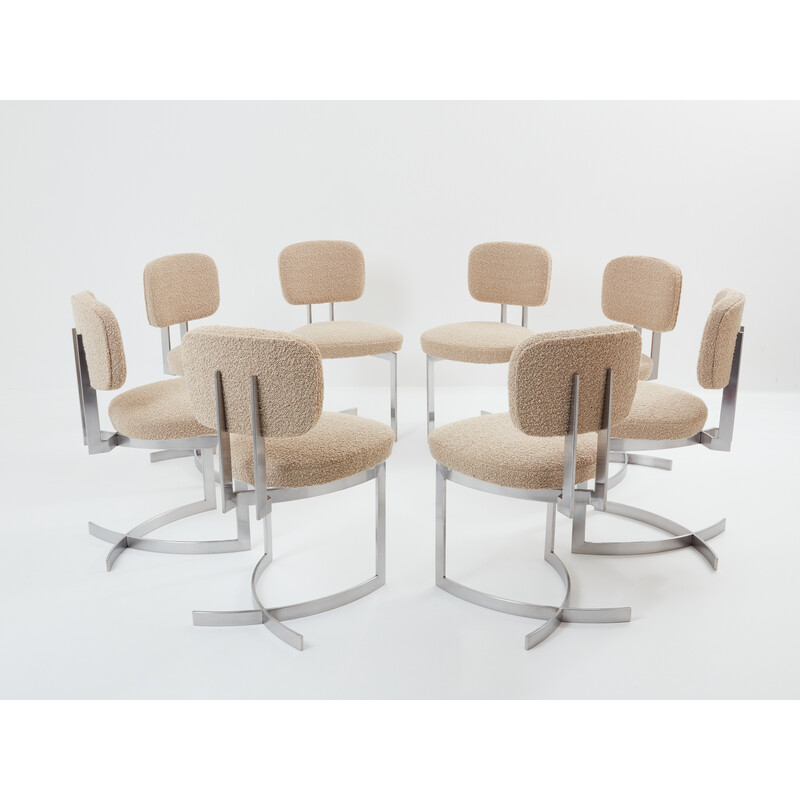 Set of 8 vintage chairs in stainless steel and curly wool by Paul Legeard, 1970