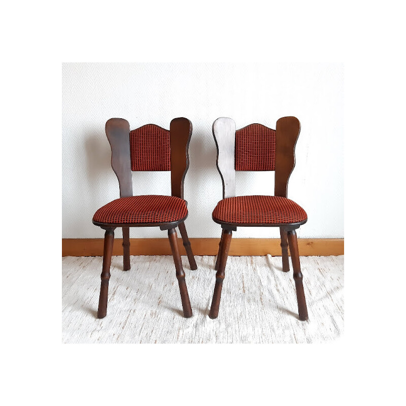 Set of 3 vintage mountain chairs in solid dark oak wood, 1970