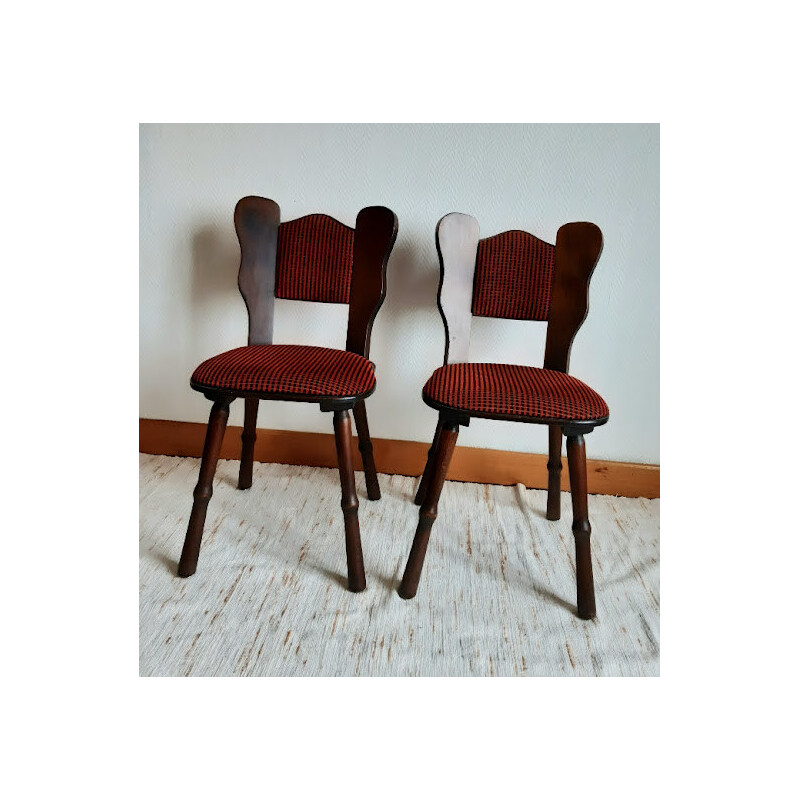 Set of 3 vintage mountain chairs in solid dark oak wood, 1970