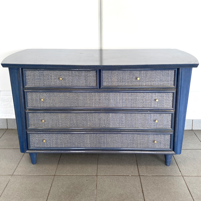 Vintage blue stained rattan chest of drawers by Gasparucci Italo, Italy 1980