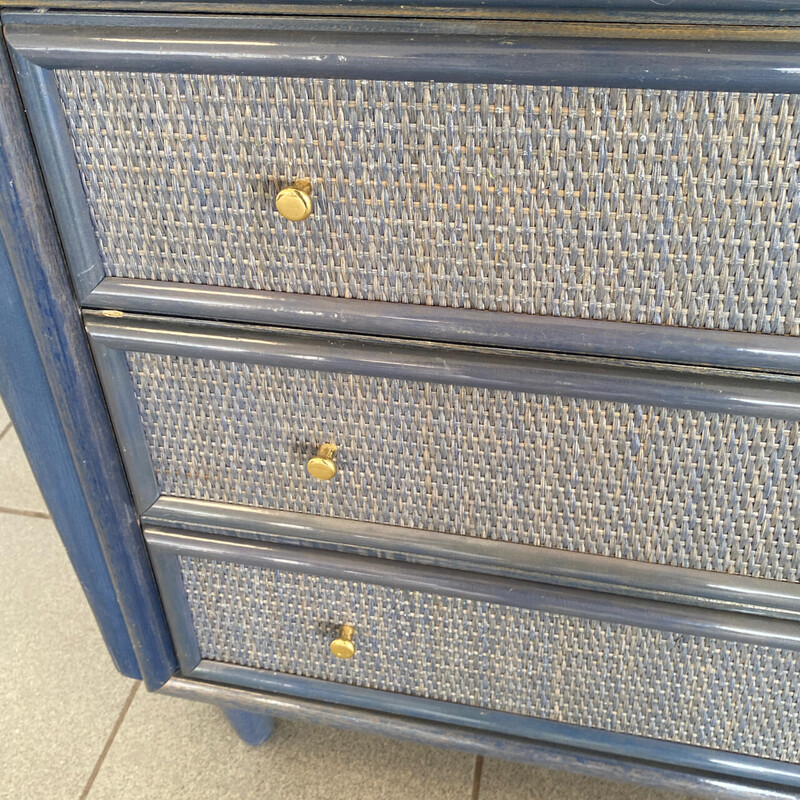 Vintage blue stained rattan chest of drawers by Gasparucci Italo, Italy 1980